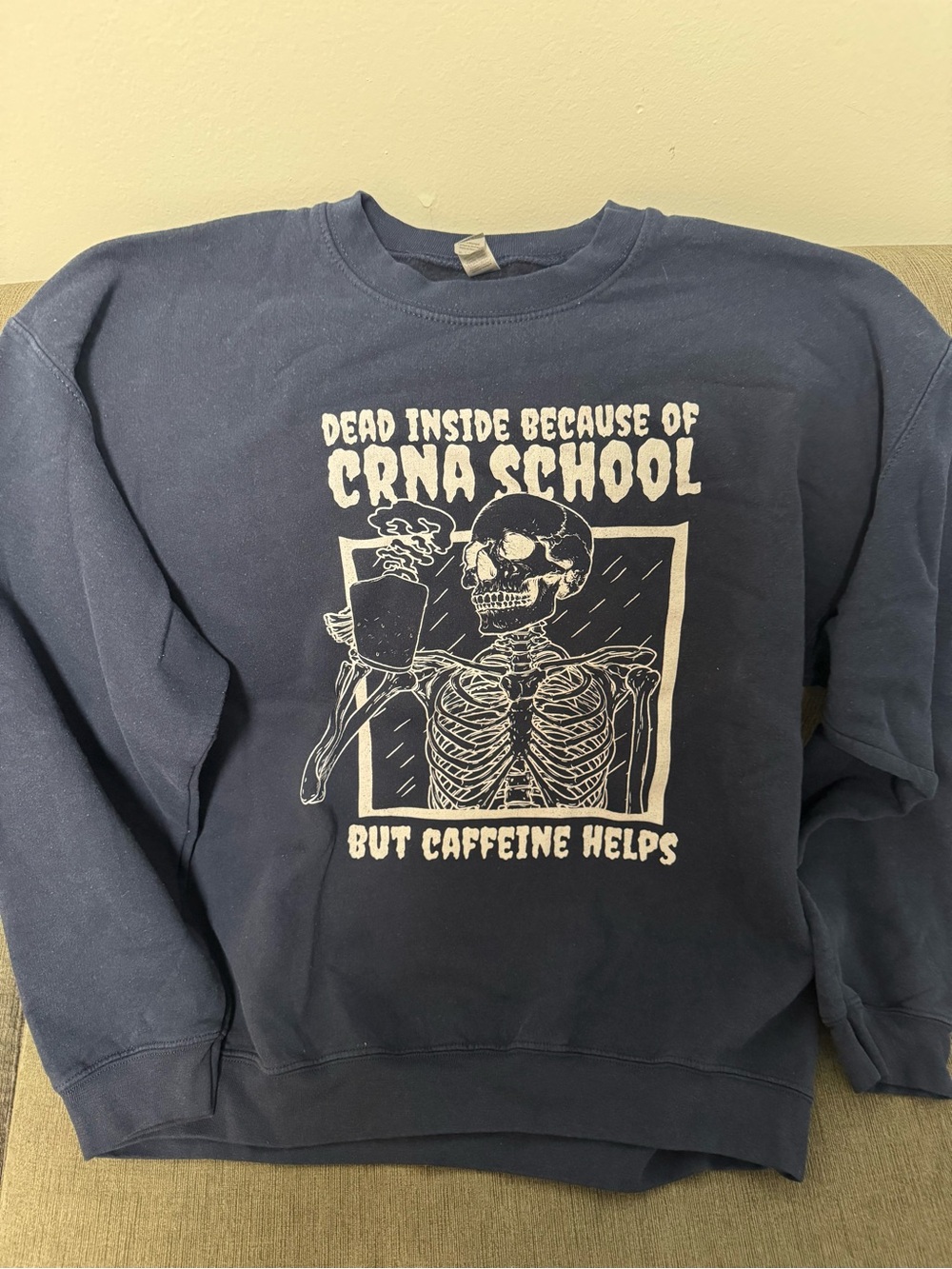 Gildan Navy Crewneck Sweatshirt with White Skeleton Coffee Graphic